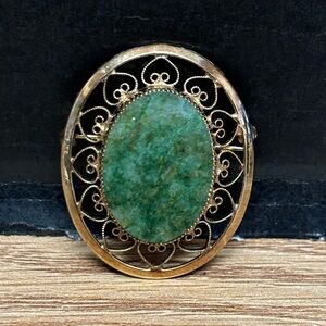 Vintage Signed 12K GF Jade Marble Filigree Pin #4373